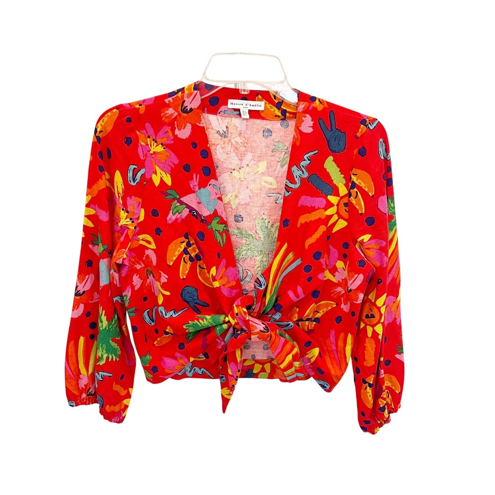 Maison d'Amelie Paris Red Tropical‎ Print Tie Front Linen Crop Top Womens Small